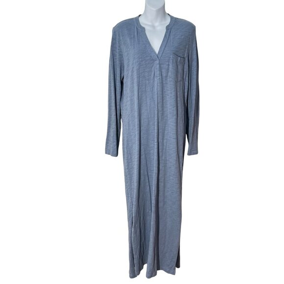 PERUVIAN‎ CONNECTION | Split Neck Shirt Dress Maxi Blue Slub Knit Size Large - Picture 1 of 9